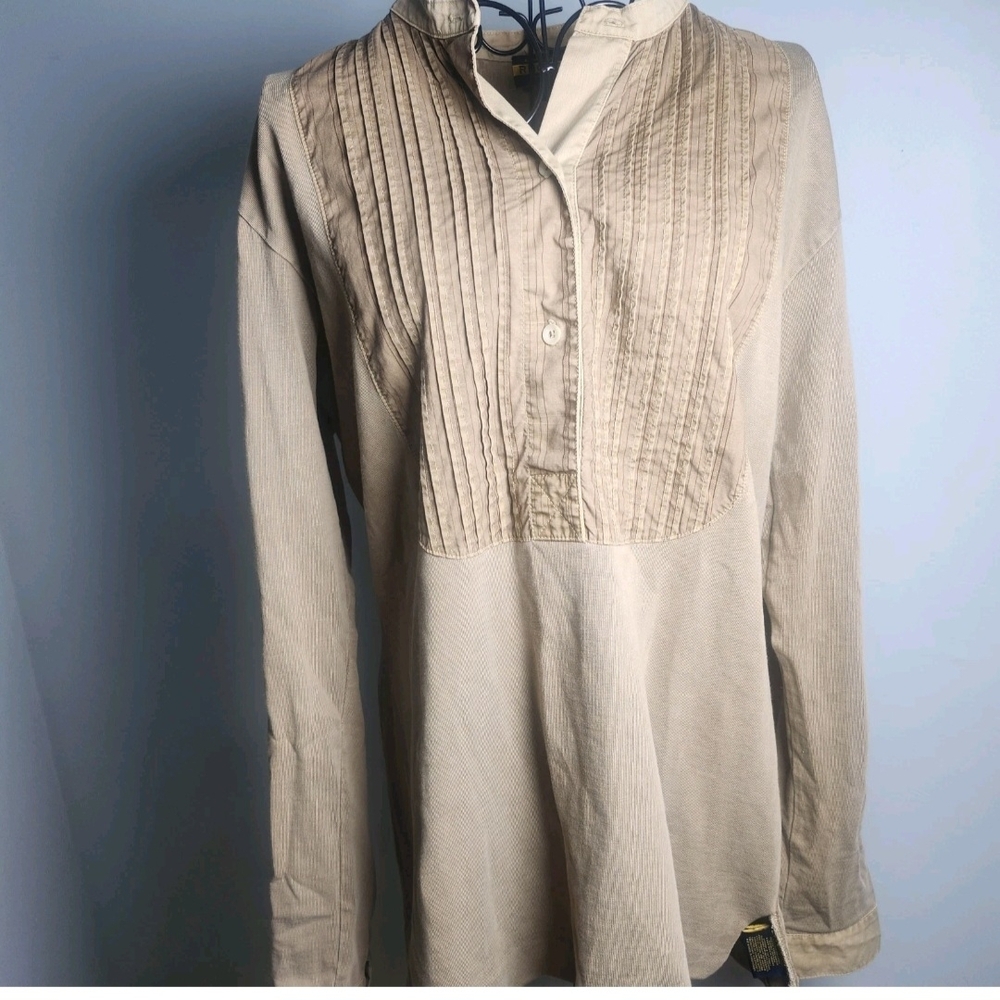 Rugby Ralph Lauren Pintuck Bib Blouse Beige Cotton Size L